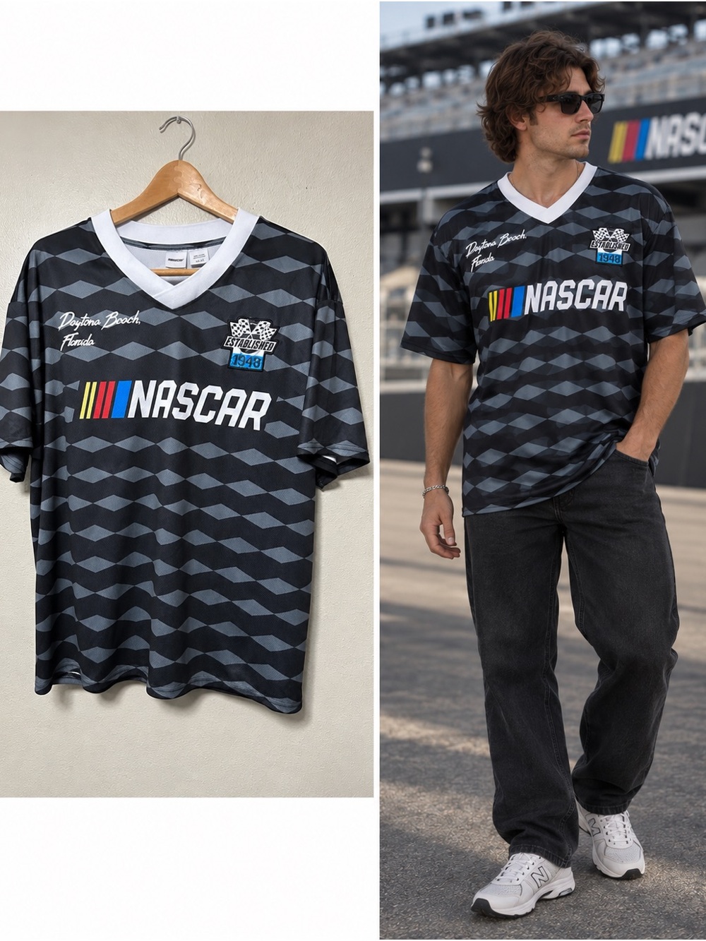 Men NASCAR Short Sleeve V-neck athletic Shirt Jersey XL Racing Daytona Beach